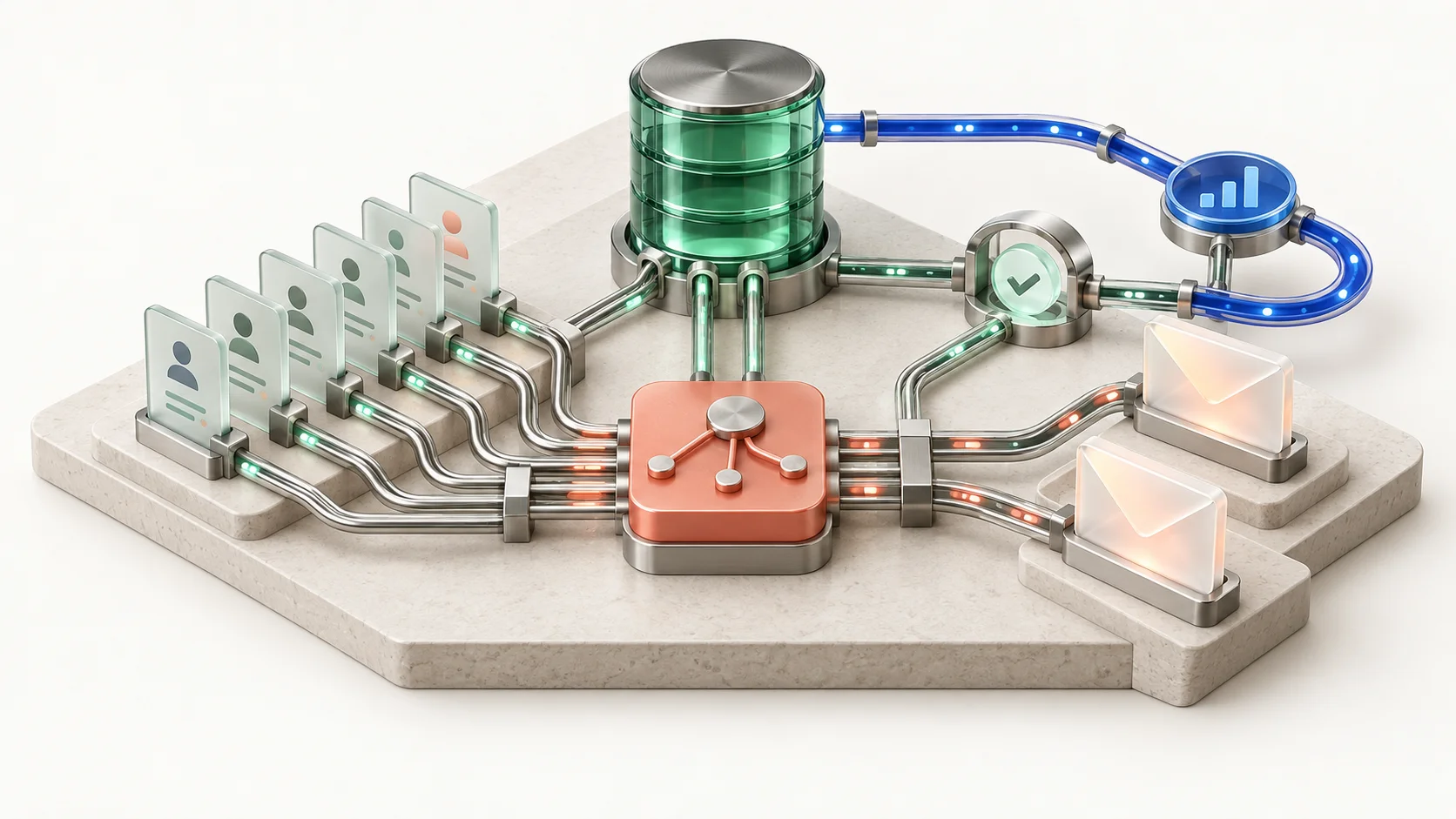 Maquete conceitual de uma base de dados verde conectada a módulos de orquestração, contatos, e-mails e um circuito azul de acompanhamento.